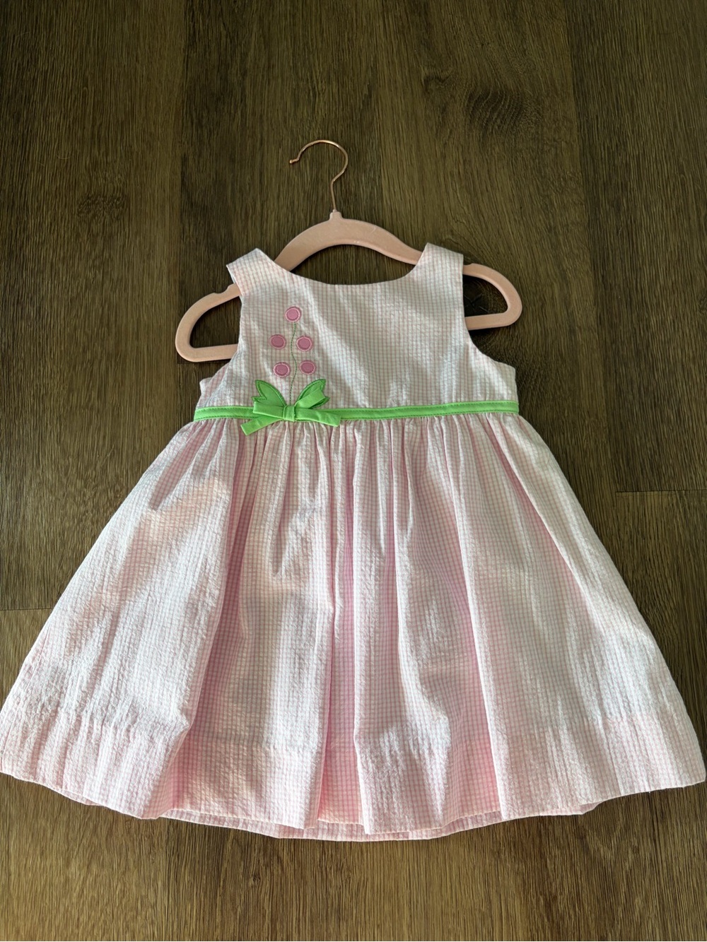Florence Eiseman Pink Seersucker Dress with Green Ribbon Bow